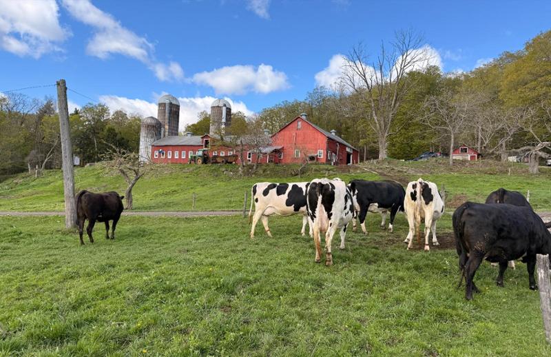 long red barn with three silos